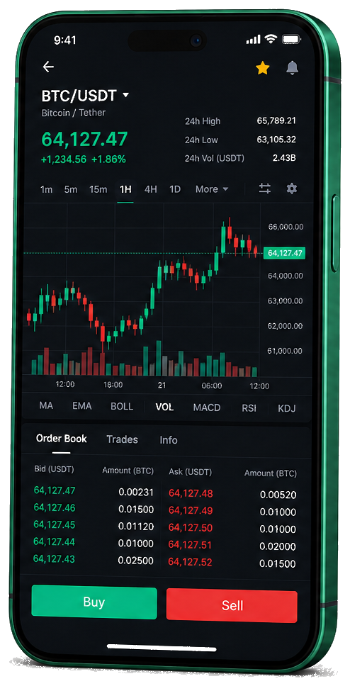 Interface mobile Meuse Avoirève — graphique BTC/USDT en direct, carnet d’ordres et outil de trading